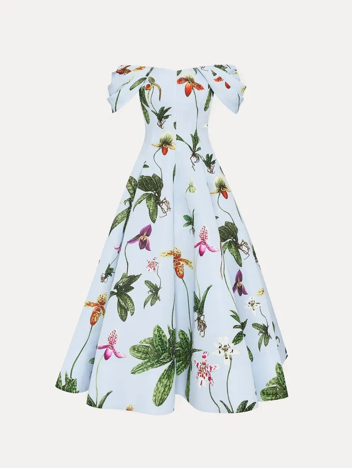 Orchid Off Shoulder Faille Gown Light Blue Multi Women Oscar De La Renta Dresses Orchid Off Shoulder Faille Gown Light Blue Multi Women Oscar De La Renta Dresses