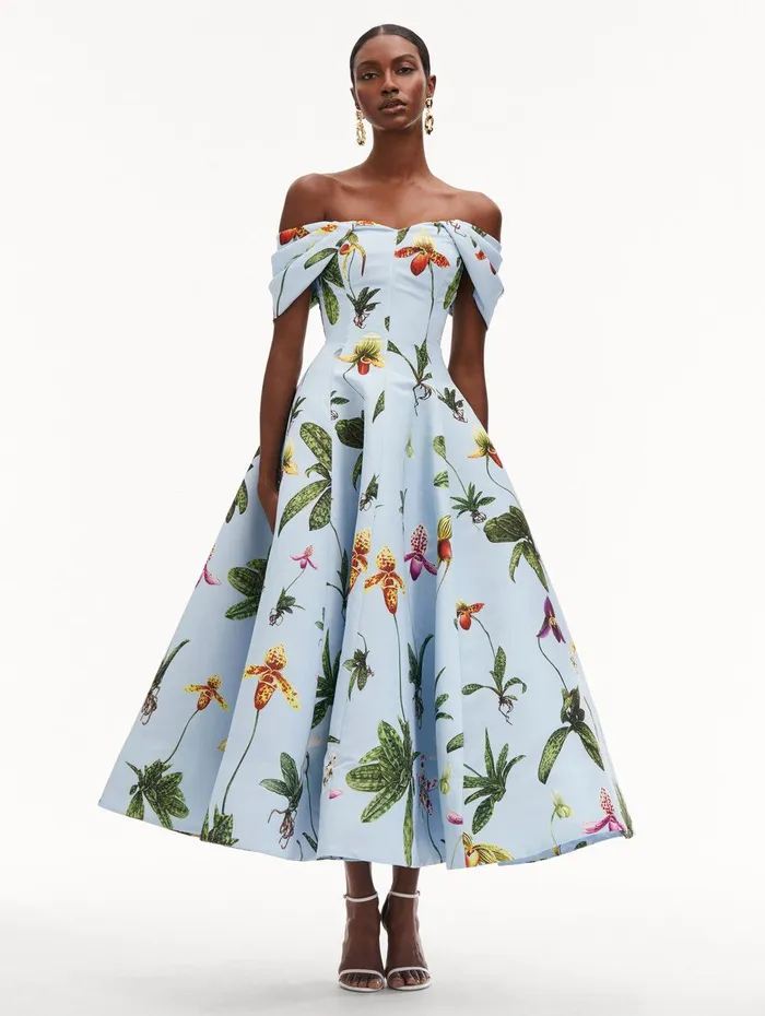 Orchid Off Shoulder Faille Gown Light Blue Multi Women Oscar De La Renta Dresses Orchid Off Shoulder Faille Gown Light Blue Multi Women Oscar De La Renta Dresses