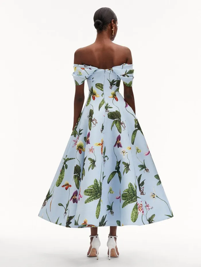 Orchid Off Shoulder Faille Gown Light Blue Multi Women Oscar De La Renta Dresses Orchid Off Shoulder Faille Gown Light Blue Multi Women Oscar De La Renta Dresses