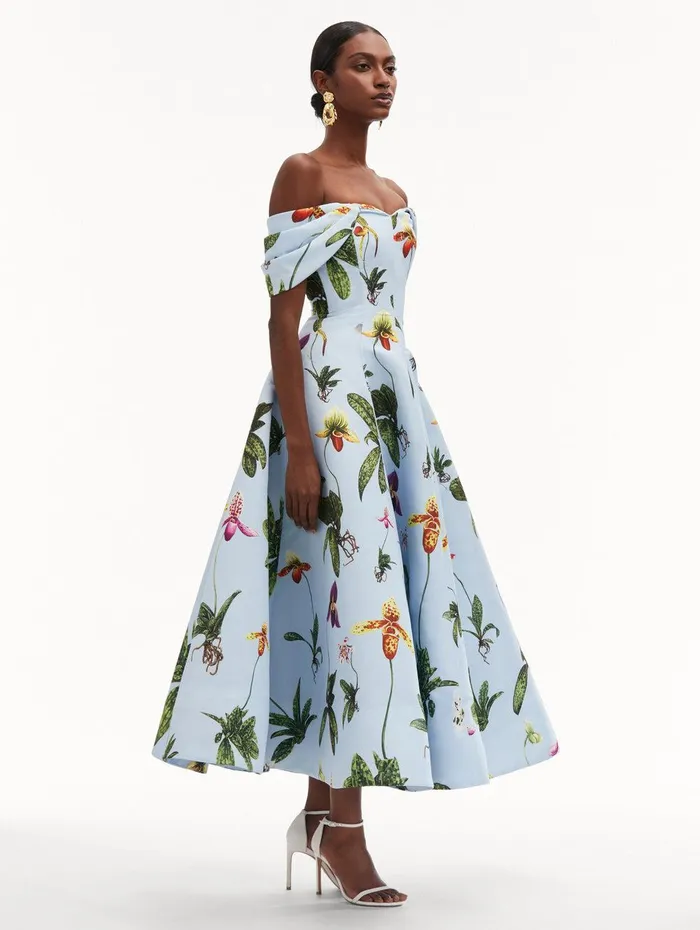 Orchid Off Shoulder Faille Gown Light Blue Multi Women Oscar De La Renta Dresses Orchid Off Shoulder Faille Gown Light Blue Multi Women Oscar De La Renta Dresses