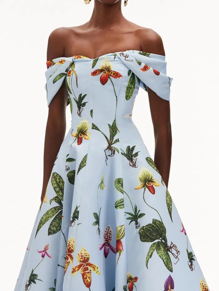 Orchid Off Shoulder Faille Gown Light Blue Multi Women Oscar De La Renta Dresses Orchid Off Shoulder Faille Gown Light Blue Multi Women Oscar De La Renta Dresses
