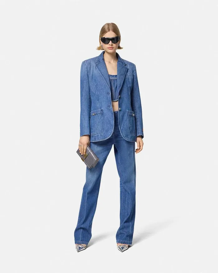 Oversized Tailored Denim Blazer Blue Women Versace Blazer and Jackets