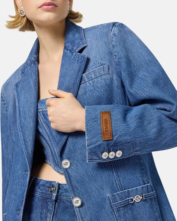 Oversized Tailored Denim Blazer Blue Women Versace Blazer and Jackets