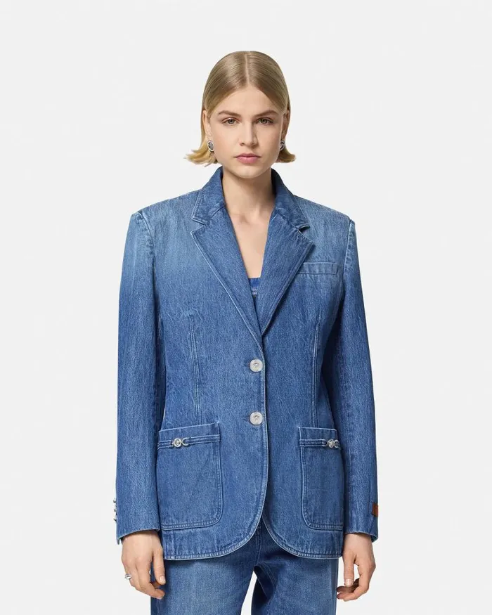 Oversized Tailored Denim Blazer Blue Women Versace Blazer and Jackets
