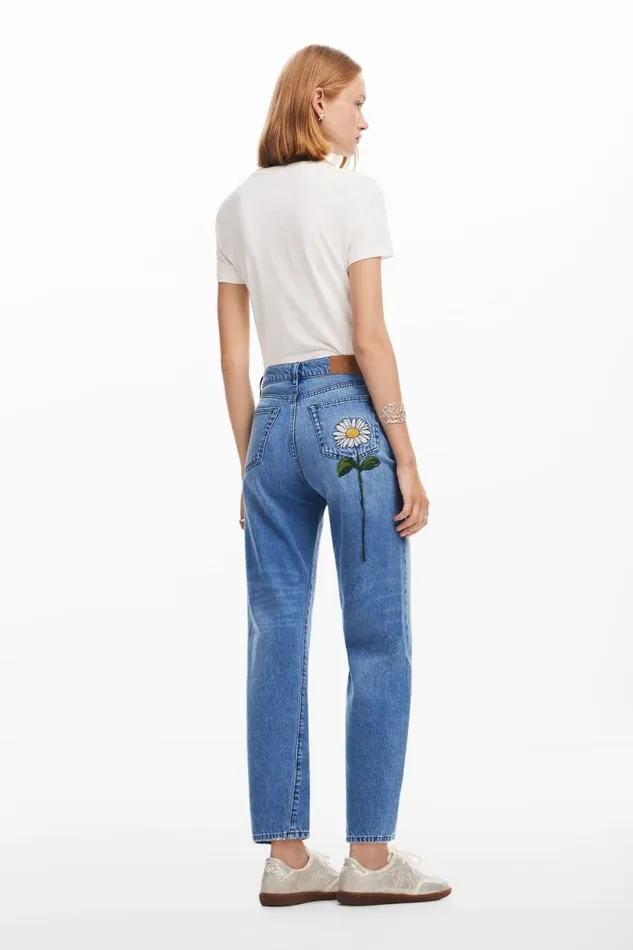 Pants Women Desigual Denim With Daisy Illustration Blue