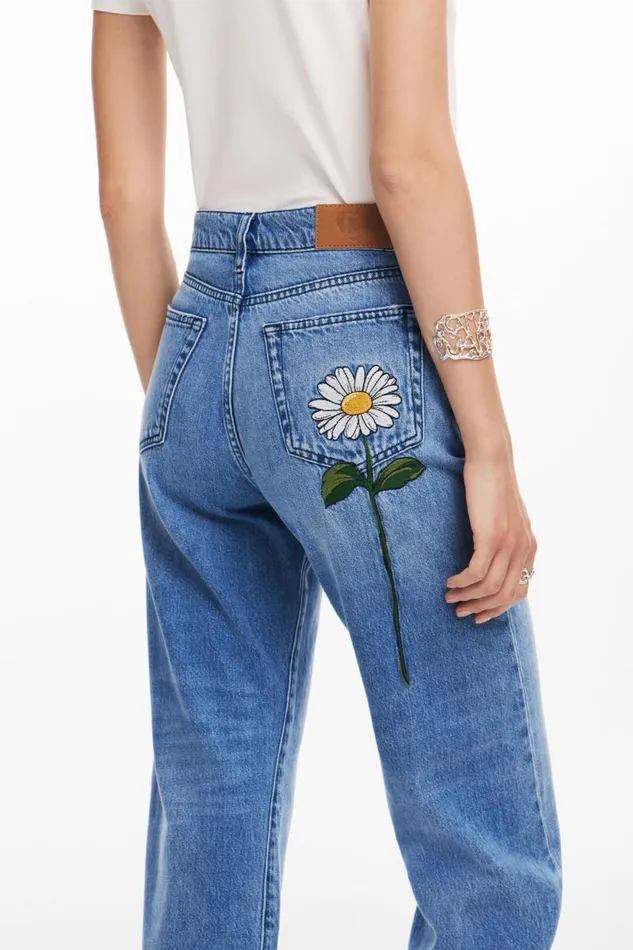 Pants Women Desigual Denim With Daisy Illustration Blue