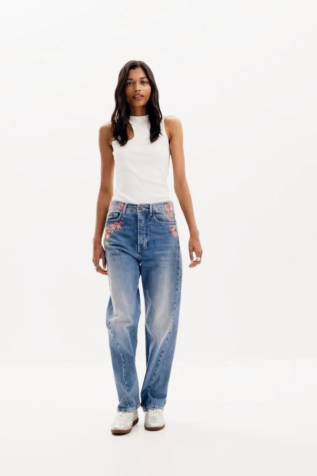 Pants Women Desigual Long Denim Pants With Flowers Blue