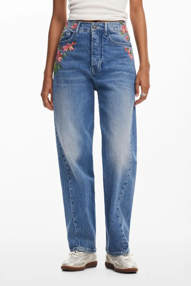 Pants Women Desigual Long Denim Pants With Flowers Blue