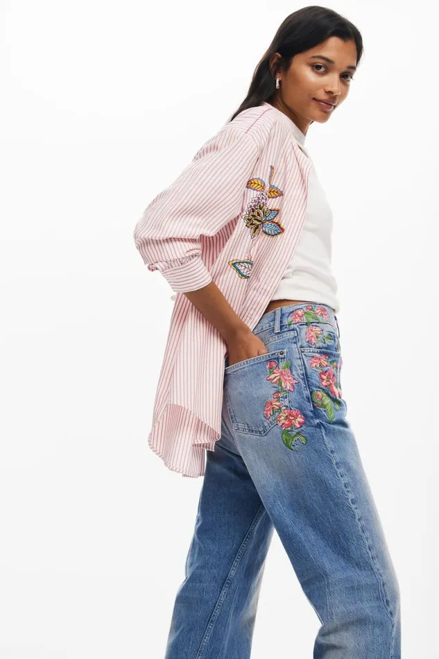 Pants Women Desigual Long Denim Pants With Flowers Blue