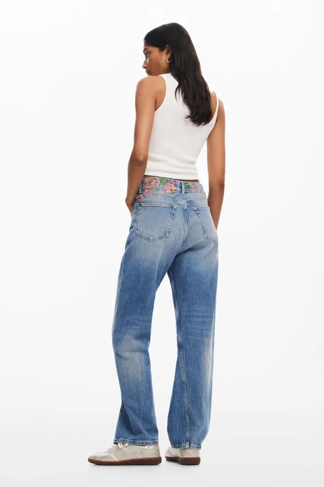 Pants Women Desigual Long Denim Pants With Flowers Blue
