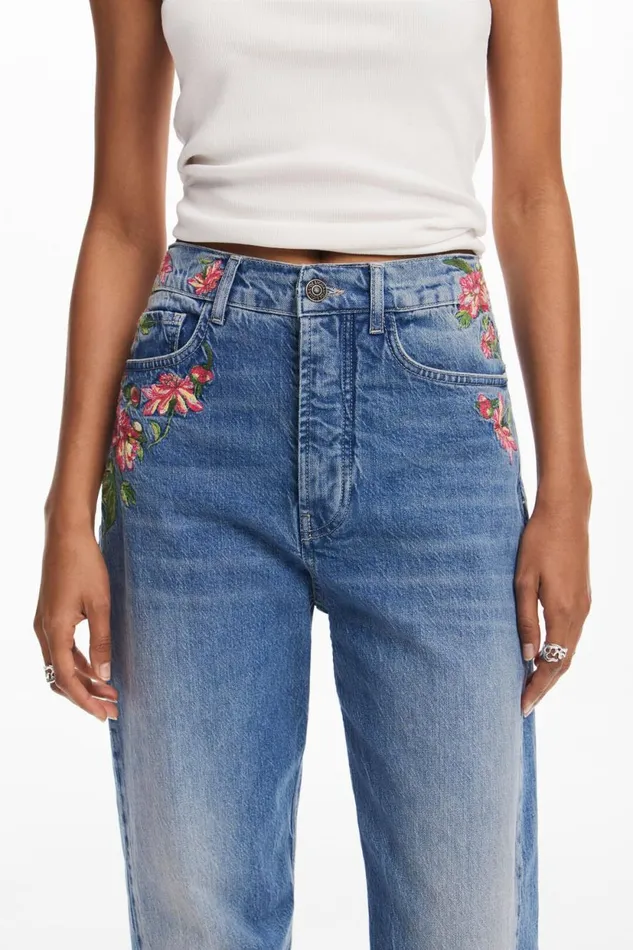 Pants Women Desigual Long Denim Pants With Flowers Blue