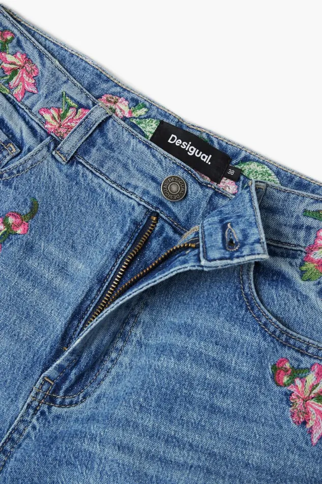 Pants Women Desigual Long Denim Pants With Flowers Blue