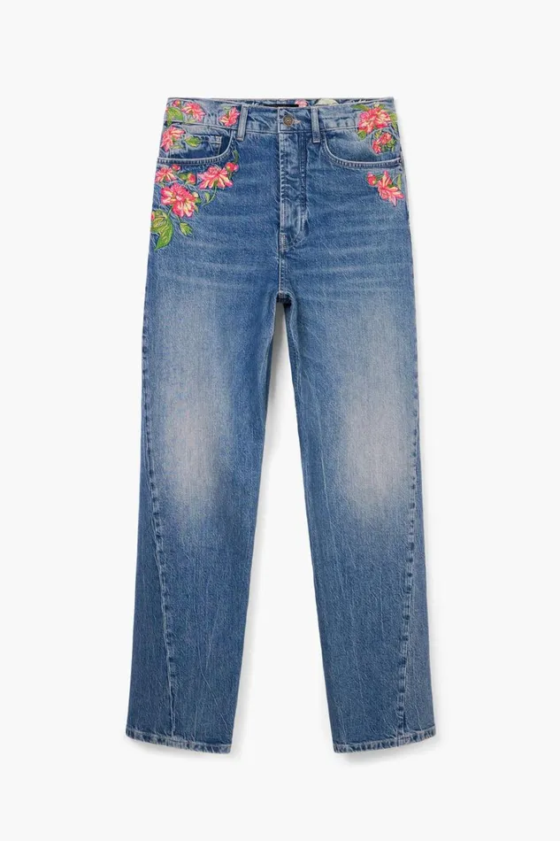 Pants Women Desigual Long Denim Pants With Flowers Blue