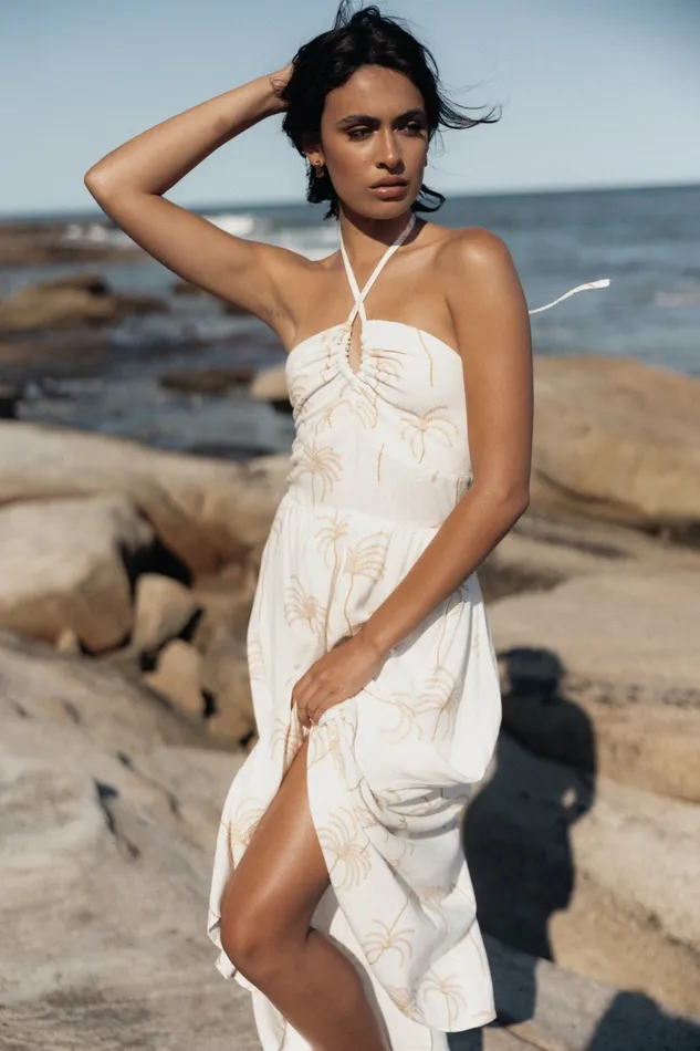 Petal and Pup Linen Dresses Women Granger Halterneck Midi Dress White Print