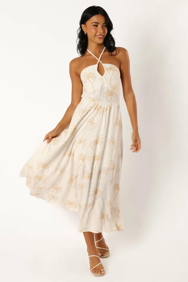 Petal and Pup Linen Dresses Women Granger Halterneck Midi Dress White Print