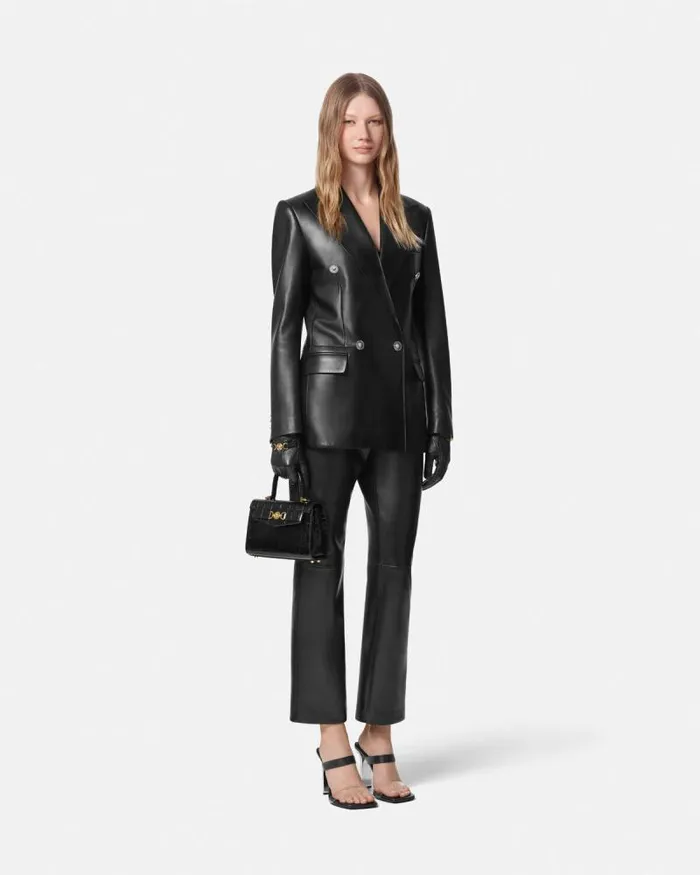 Plong Leather Crop StraightFit Pants Black Women Versace Pants and Shorts