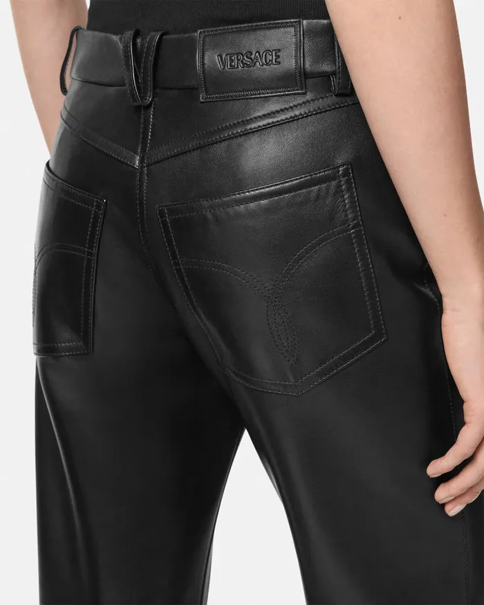 Plong Leather Crop StraightFit Pants Black Women Versace Pants and Shorts