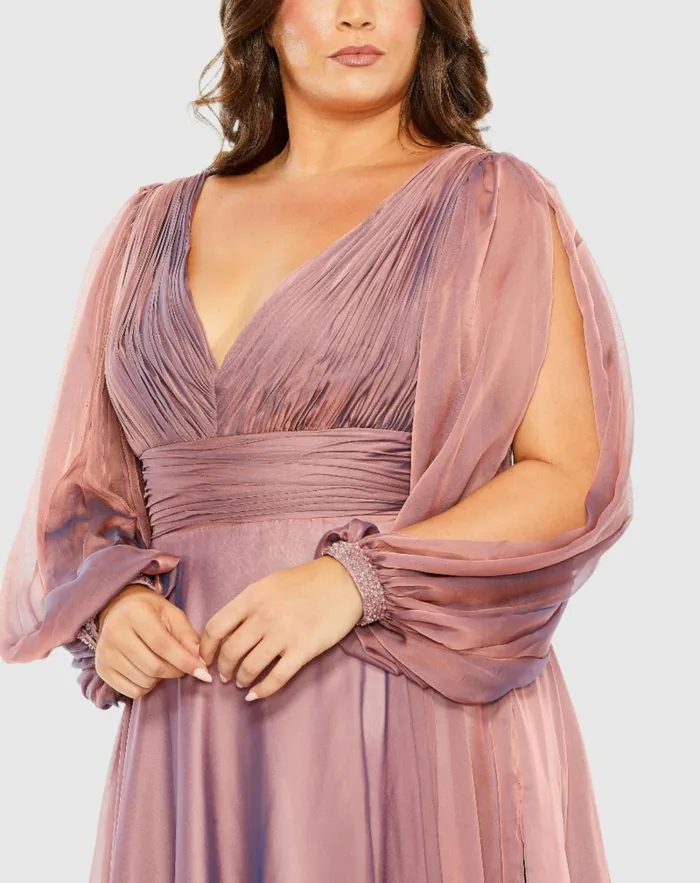 Plus Size Dresses Mac Duggal Women Puff Sleeve w Embellished Cuff V Neck A Line Dress Antique Rose