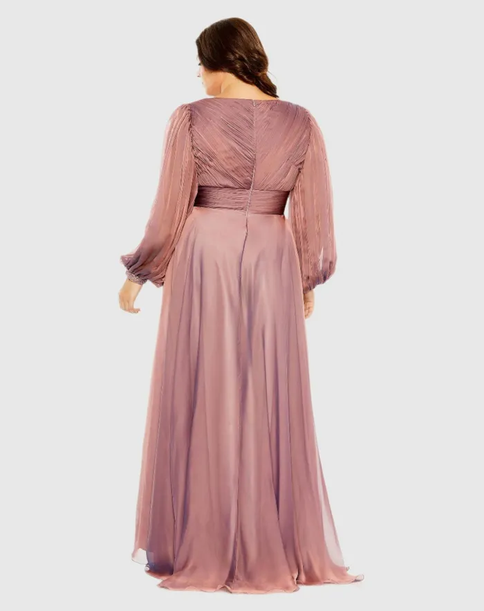 Plus Size Dresses Mac Duggal Women Puff Sleeve w Embellished Cuff V Neck A Line Dress Antique Rose