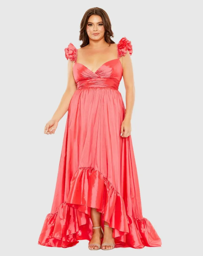 Plus Size Dresses Women Mac Duggal Ruffle Strap High Low Gown Plus Watermelon