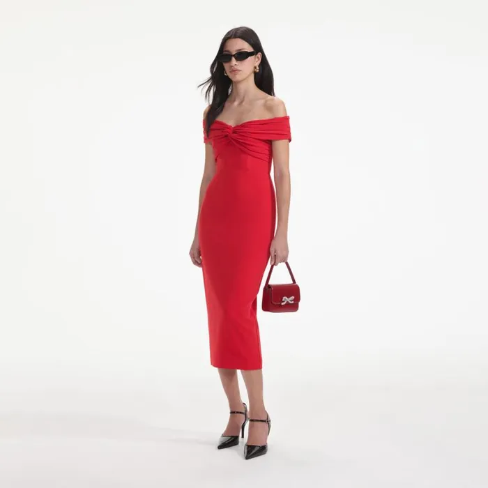 Red Off Shoulder Midi Dress Women Self Portrait Dresses Red Off Shoulder Midi Dress Women Self Portrait Dresses