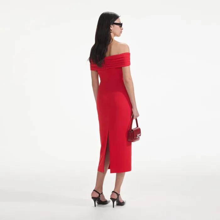 Red Off Shoulder Midi Dress Women Self Portrait Dresses Red Off Shoulder Midi Dress Women Self Portrait Dresses