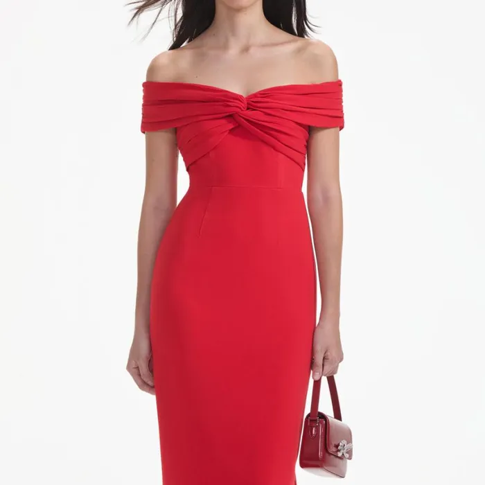 Red Off Shoulder Midi Dress Women Self Portrait Dresses Red Off Shoulder Midi Dress Women Self Portrait Dresses