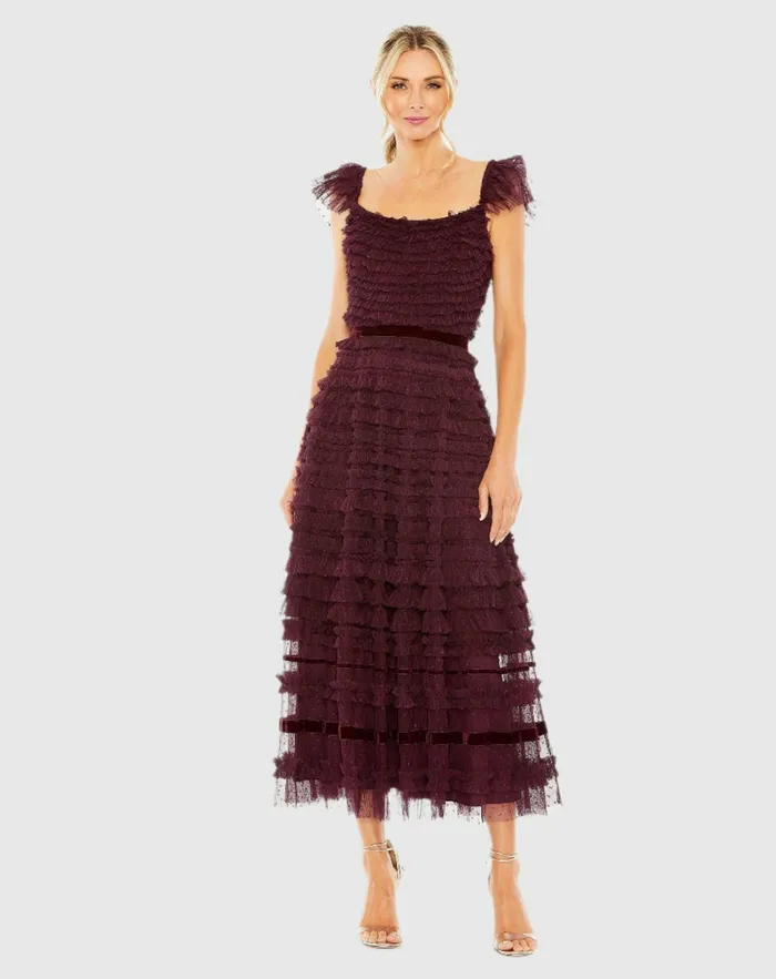 Ruffle Cap Sleeve Tiered Midi Dress Black Women Daytime Dresses Mac Duggal
