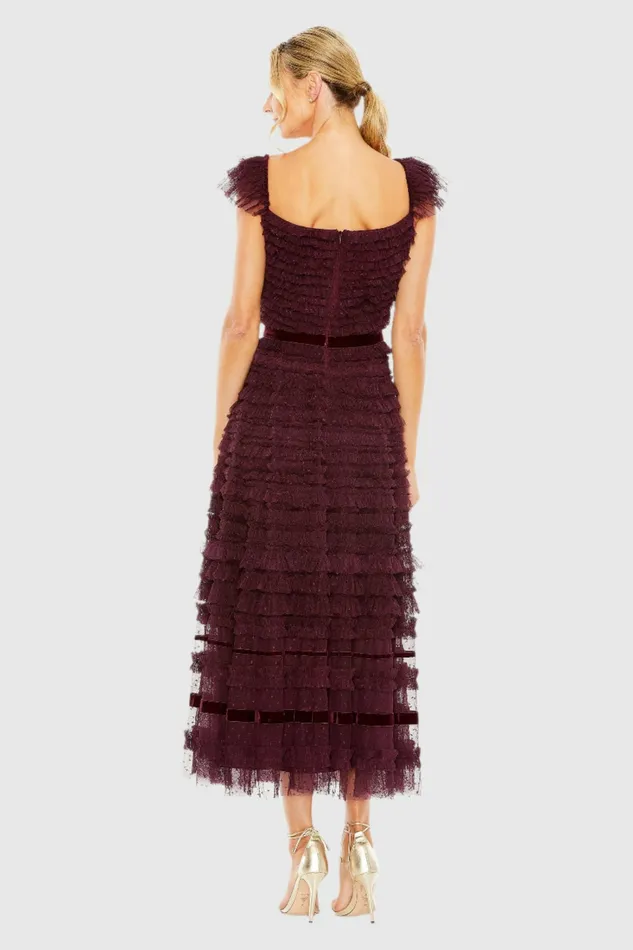 Ruffle Cap Sleeve Tiered Midi Dress Black Women Daytime Dresses Mac Duggal