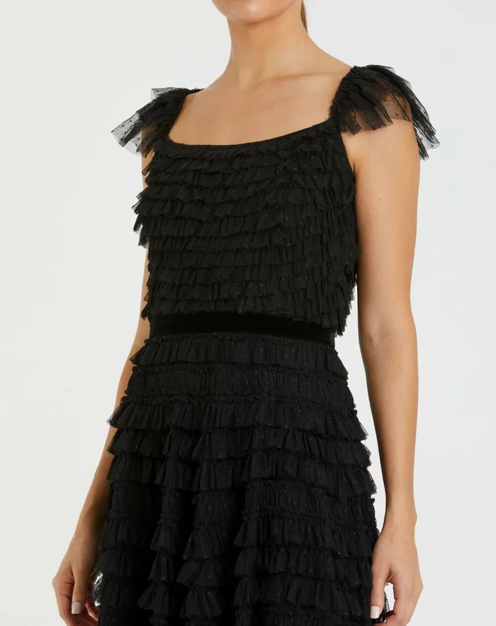 Ruffle Cap Sleeve Tiered Midi Dress Black Women Daytime Dresses Mac Duggal