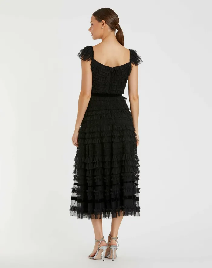 Ruffle Cap Sleeve Tiered Midi Dress Black Women Daytime Dresses Mac Duggal