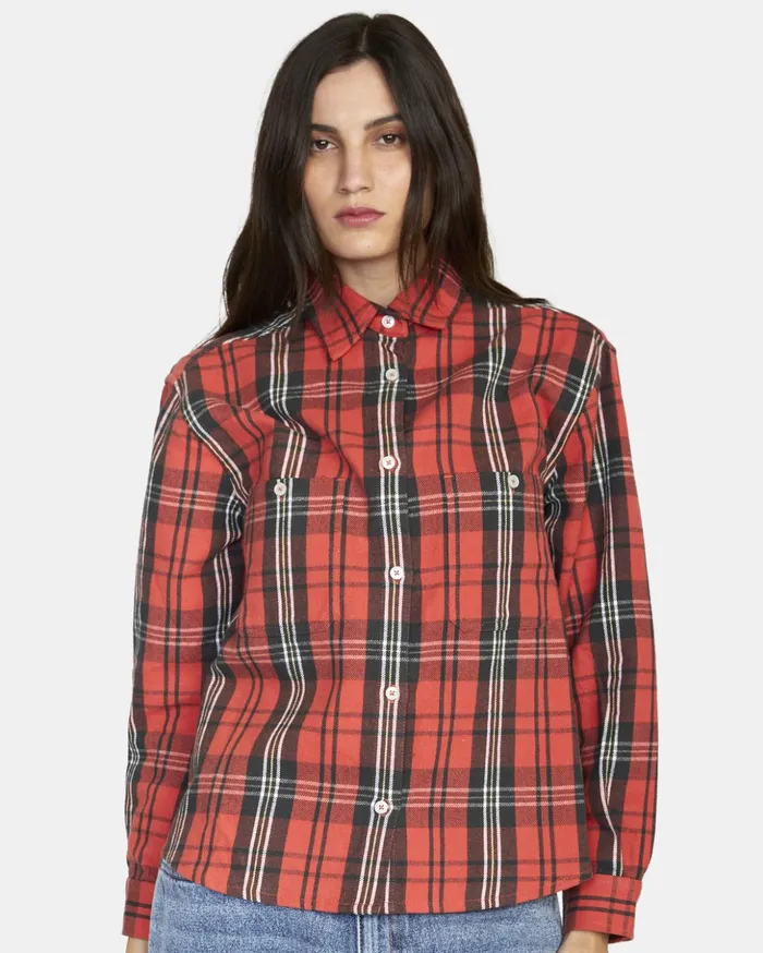 RVCA Tops Notorious Long Sleeve Flannel Shirt Chrysanthemum 8211 Women