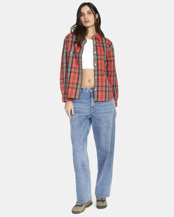 RVCA Tops Notorious Long Sleeve Flannel Shirt Chrysanthemum 8211 Women