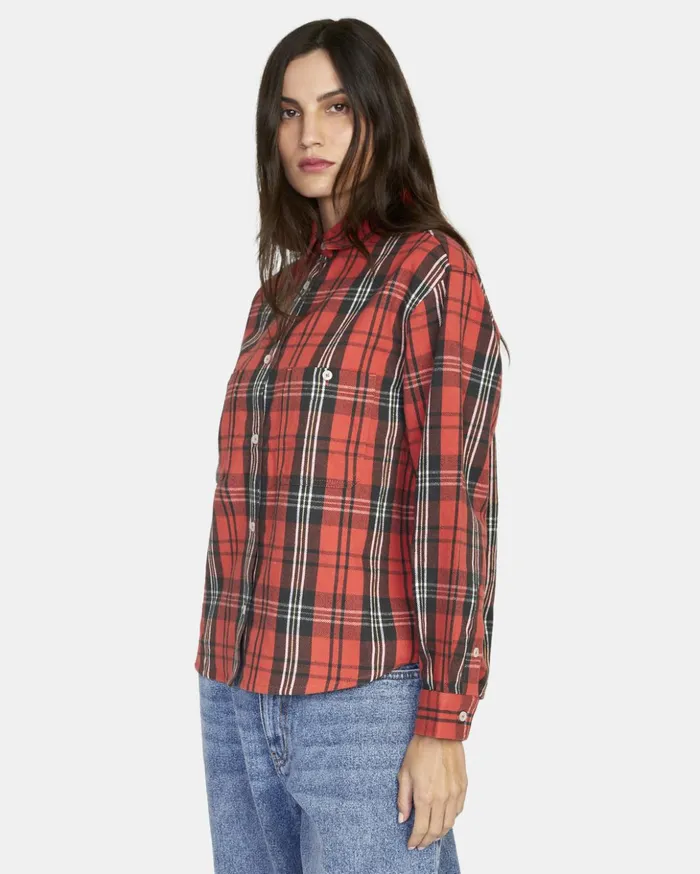 RVCA Tops Notorious Long Sleeve Flannel Shirt Chrysanthemum 8211 Women