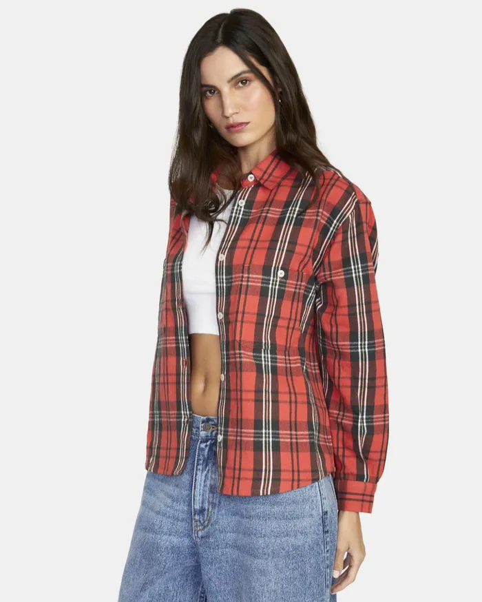 RVCA Tops Notorious Long Sleeve Flannel Shirt Chrysanthemum 8211 Women