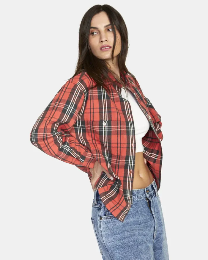 RVCA Tops Notorious Long Sleeve Flannel Shirt Chrysanthemum 8211 Women