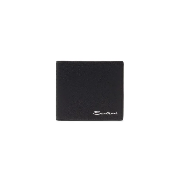 Santoni Black Tumbled Leather Wallet Men Small Leather Goods