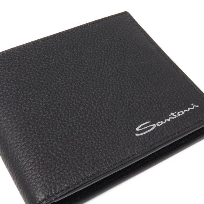 Santoni Black Tumbled Leather Wallet Men Small Leather Goods