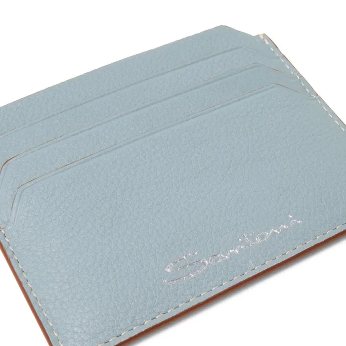 Santoni Light Blue Tumbled Leather Credit Card Holder Men Small Leather Goods