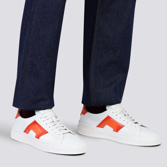 Santoni White And Orange Leather Double Buckle Sneaker Men Sneakers