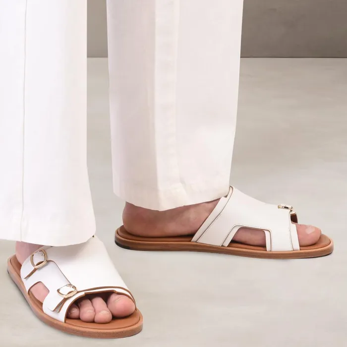 Santoni White Leather DoubleBuckle Sandal Men Sandals