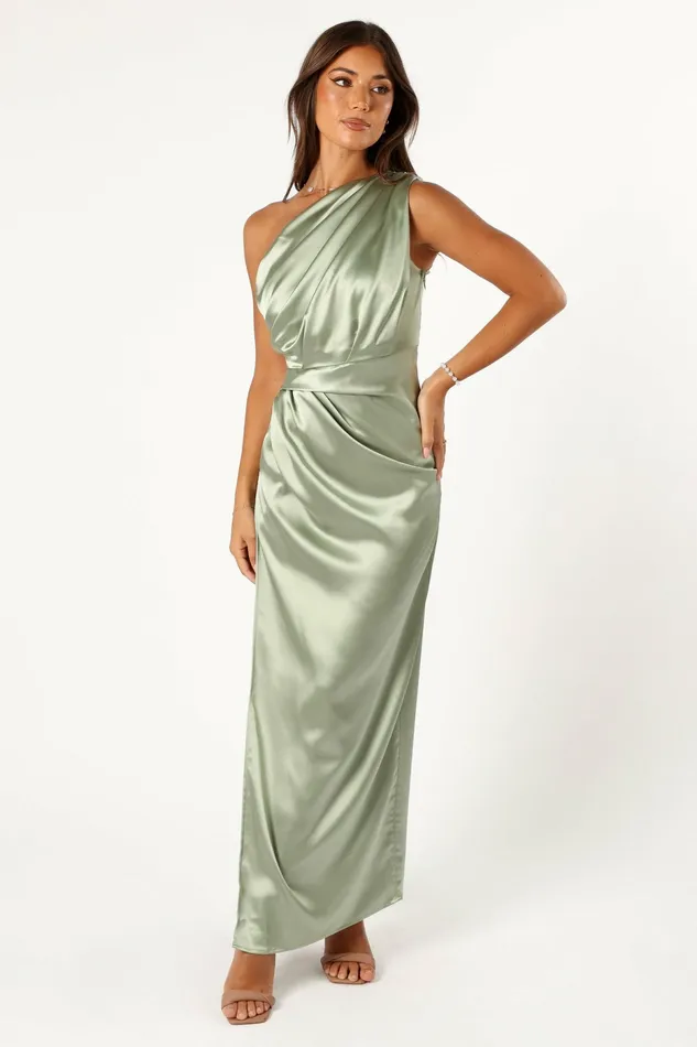 Satin Dresses Nadia One Shoulder Maxi Dress Sage 8211 Petal and Pup Women