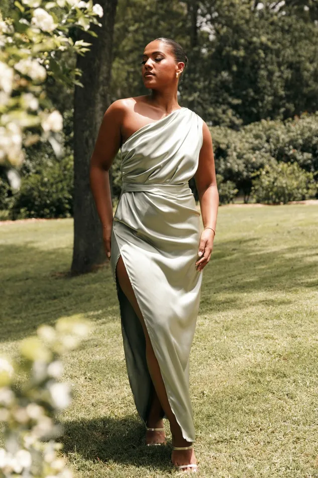 Satin Dresses Nadia One Shoulder Maxi Dress Sage 8211 Petal and Pup Women