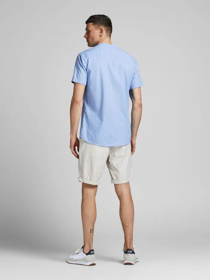Shirts JACK and JONES Mens MANDARIN COLLAR LINEN BLEND SHORT SLEEVED SHIRT Blue Faded Denim Gift 4 You