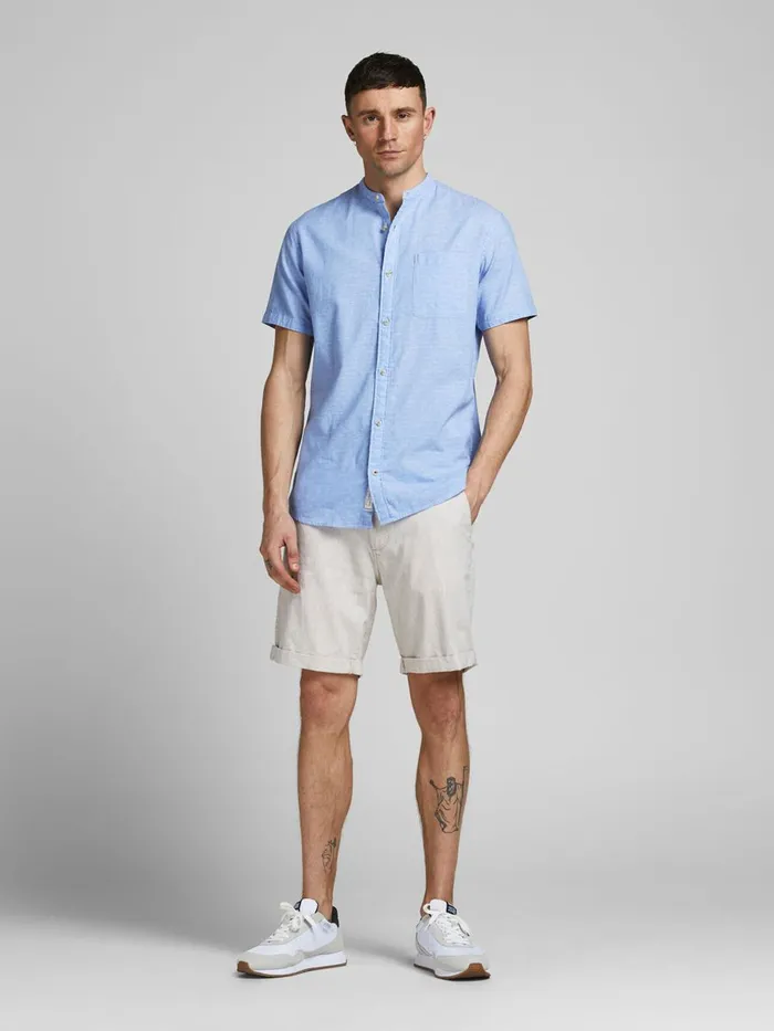 Shirts JACK and JONES Mens MANDARIN COLLAR LINEN BLEND SHORT SLEEVED SHIRT Blue Faded Denim Gift 4 You