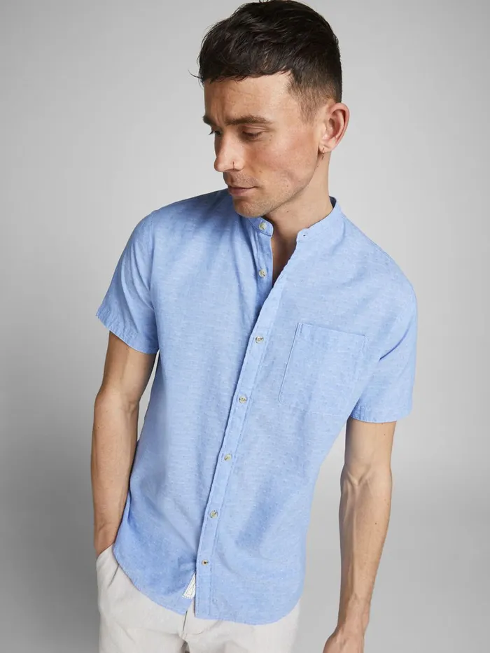 Shirts JACK and JONES Mens MANDARIN COLLAR LINEN BLEND SHORT SLEEVED SHIRT Blue Faded Denim Gift 4 You