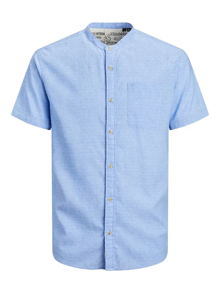 Shirts JACK and JONES Mens MANDARIN COLLAR LINEN BLEND SHORT SLEEVED SHIRT Blue Faded Denim Gift 4 You