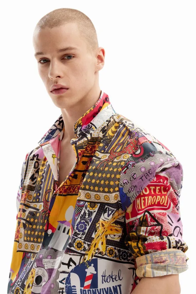 Shirts Men Desigual Patchwork Poplin Shirt Materialfinishes