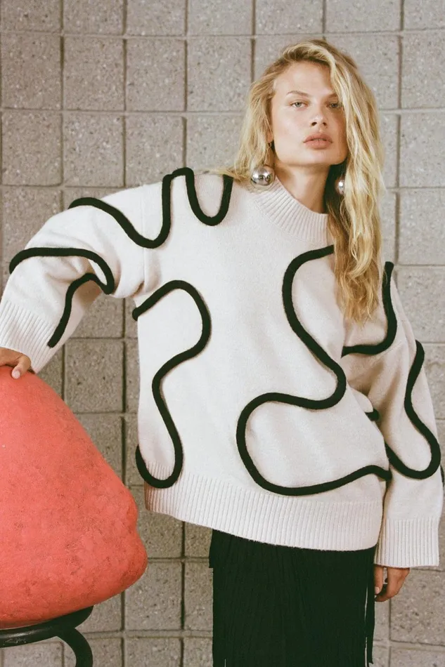 Simon Miller Knitwear Women Simon Miller Leith Squiggle Knit Sweater In CreamBlack Simon Miller Knitwear Women Simon Miller Leith Squiggle Knit Sweater In CreamBlack