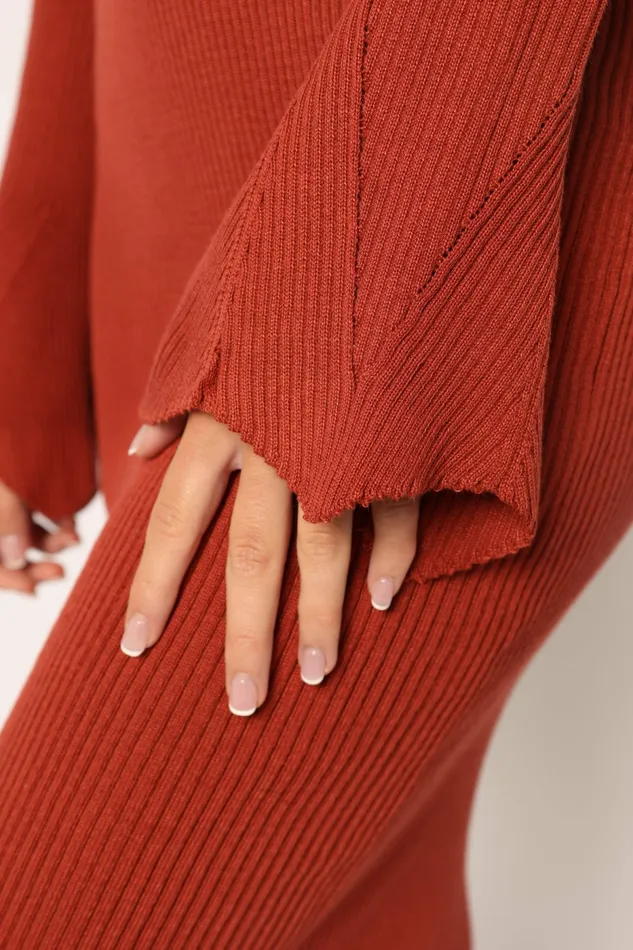 Skylee Long Sleeve Midi Dress Rust Event Dresses Petal and Pup Women